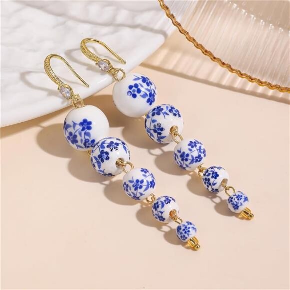 💙 Blue Floral Ceramic Drop Earrings | Gold-Plated Vintage-Inspired Design - Picture 2 of 4
